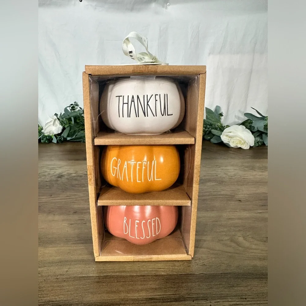 Rae Dunn Trio Pumpkin Ramekins - Thankful, Grateful, Blessed - Picture 1 of 4